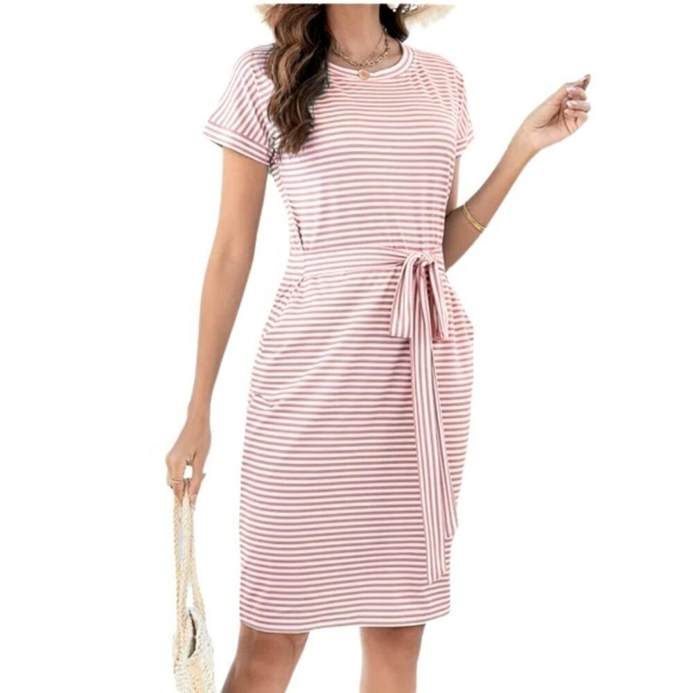 MEROKEETY Women's Tie Waist Midi Striped Short Sleeve T Shirt Dress Size L NWOT